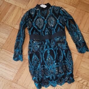 Elegant Black and Teal Embroidered Dress